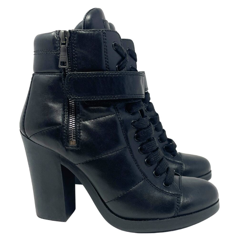 Prada Boots Moto Combat LOGO Ankle Lug Sole Platform Heels‎ Black Shoes 38.5 - Picture 7 of 11